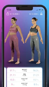 Aplicativo BodyGee exibindo comparação de evolução corporal em smartphone